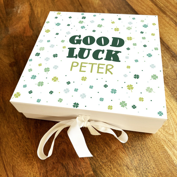 Square Lucky 4 Leaf Clovers Background Good Luck Personalised Hamper Gift Box