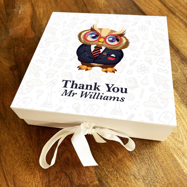 Square Owl & Books Thank You Teacher School Leavers Blue Personalised Gift Box