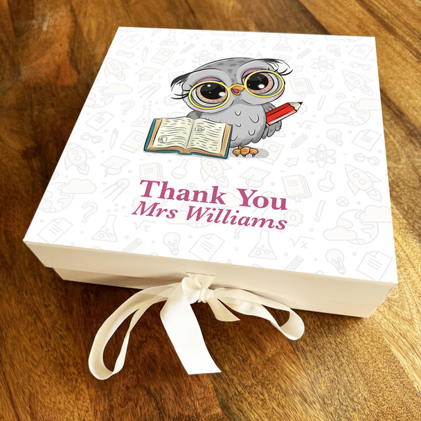 Square Owl & Books Thank You Teacher School Leavers Personalised Hamper Gift Box