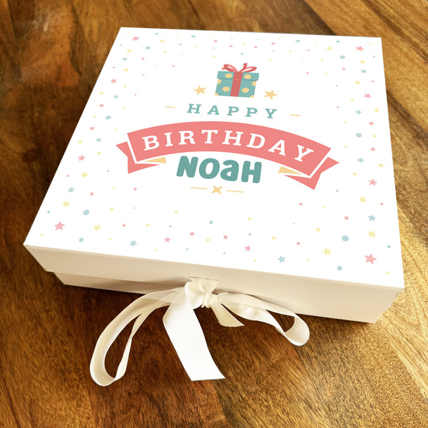 Square Pastel Confetti Gift & Stars Happy Birthday Personalised Hamper Gift Box