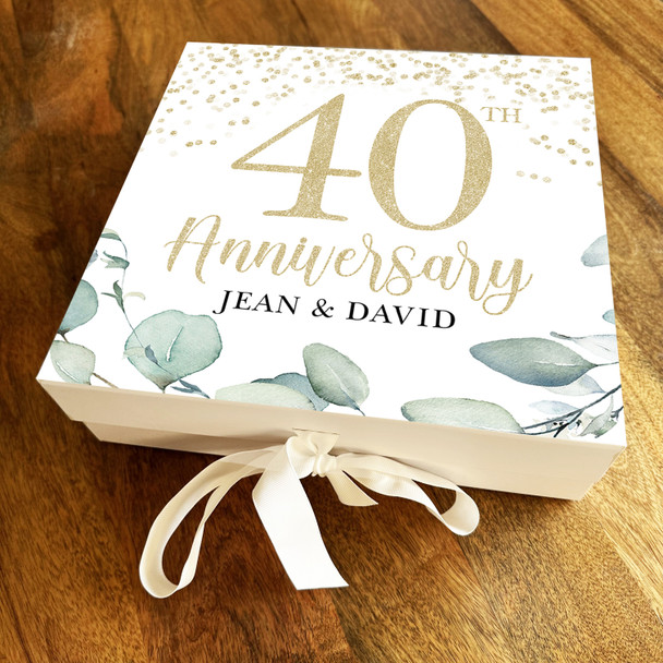 Square 40th Wedding Day Marriage Anniversary Gold Sparkle Personalised Gift Box