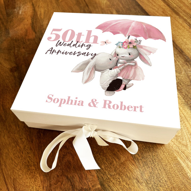 Square Couple Bunnies 50th Wedding Anniversary Pink Personalised Gift Box