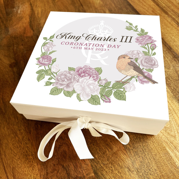 Square Pink Floral Wreath Bird Cr King Charles Coronation Personalised Gift Box