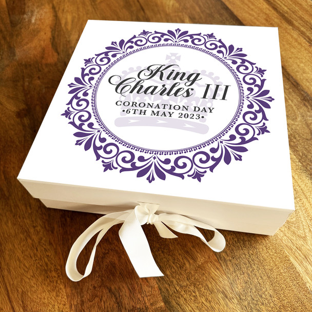 Square Purple Floral Border King Charles III Coronation Personalised Gift Box