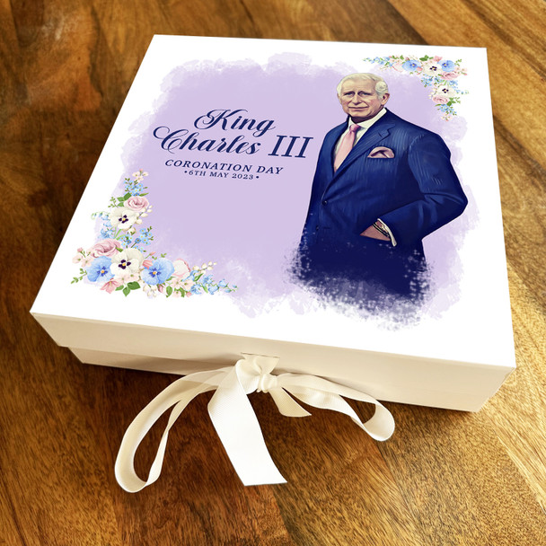 Square Purple Floral His Majesty King Charles Coronation Personalised Gift Box