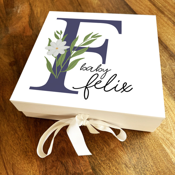 Square White Floral & Navy Initial F New Baby Personalised Keepsake Gift Box
