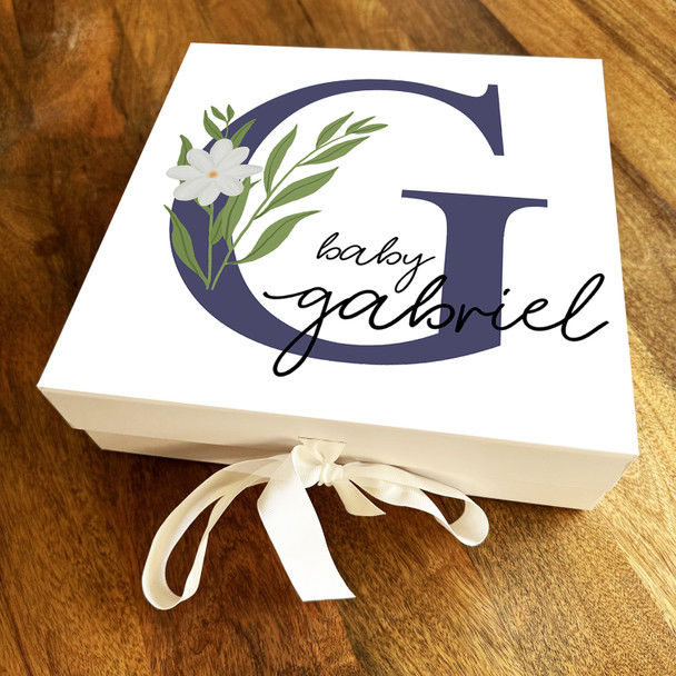 Square White Floral & Navy Initial G New Baby Personalised Keepsake Gift Box
