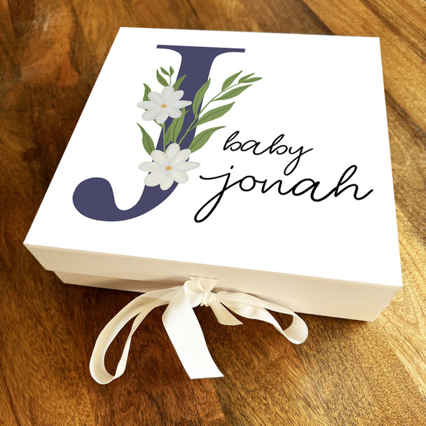 Square White Floral & Navy Initial J New Baby Personalised Keepsake Gift Box