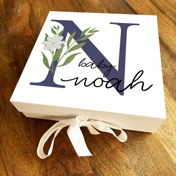 Square White Floral & Navy Initial N New Baby Personalised Keepsake Gift Box