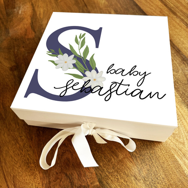Square White Floral & Navy Initial S New Baby Personalised Keepsake Gift Box