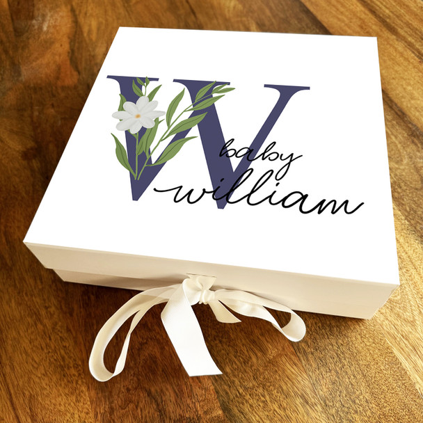 Square White Floral & Navy Initial W New Baby Personalised Keepsake Gift Box