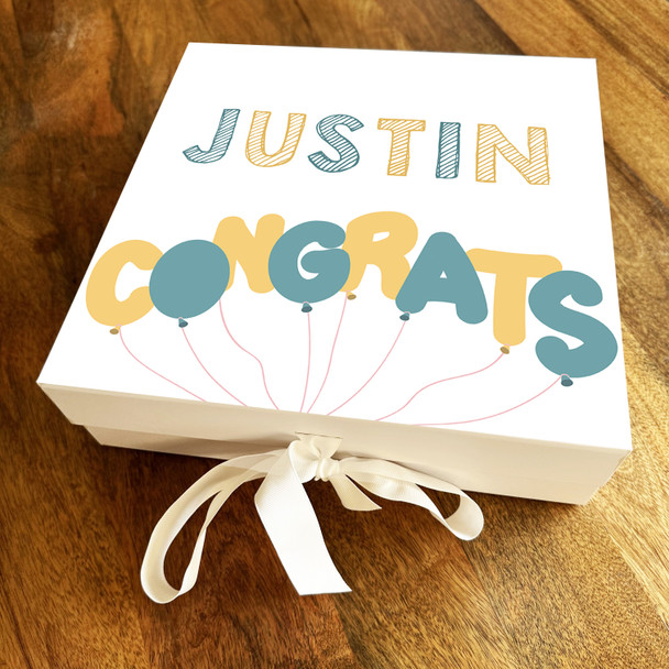 Square Congratulations Lettering Balloons Teal & Yellow Personalised Gift Box