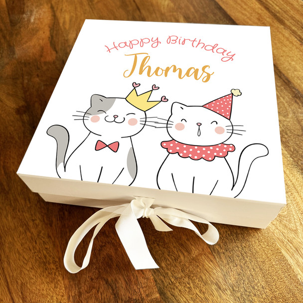 Square Cute Cats Party Hat & Crown Happy Birthday Personalised Hamper Gift Box