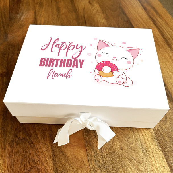 Pink Hearts Cute Cat Doughnut Happy Birthday Personalised Hamper Gift Box