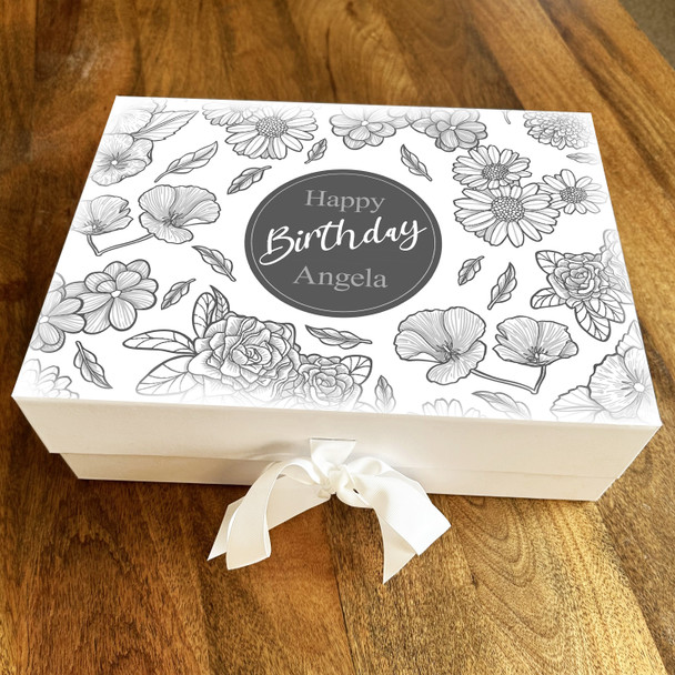 Black & White Doodle Floral Happy Birthday Personalised Hamper Gift Box