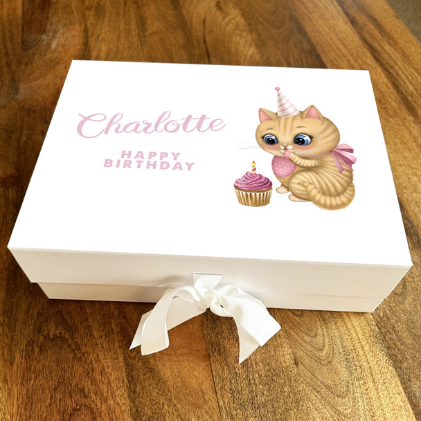 Cute Ginger Cat Cupcake Pink Happy Birthday Personalised Hamper Gift Box