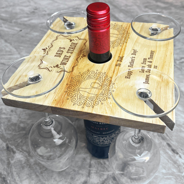 Wine Stash Dad Father's Day Personalised Gift 4 Wine Glass & Bottle Holder