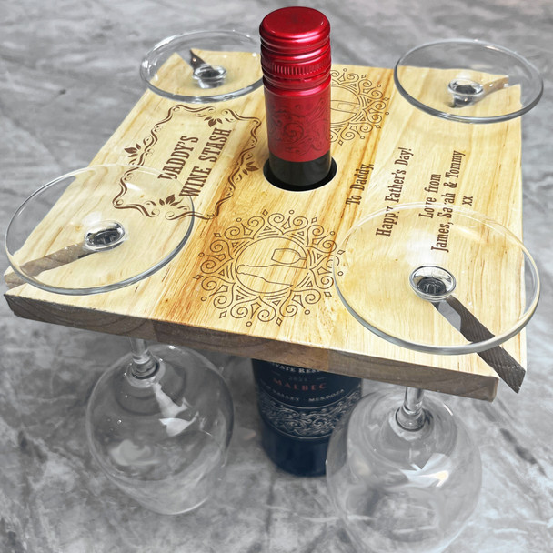 Wine Stash Daddy Father's Day Personalised Gift 4 Wine Glass & Bottle Holder