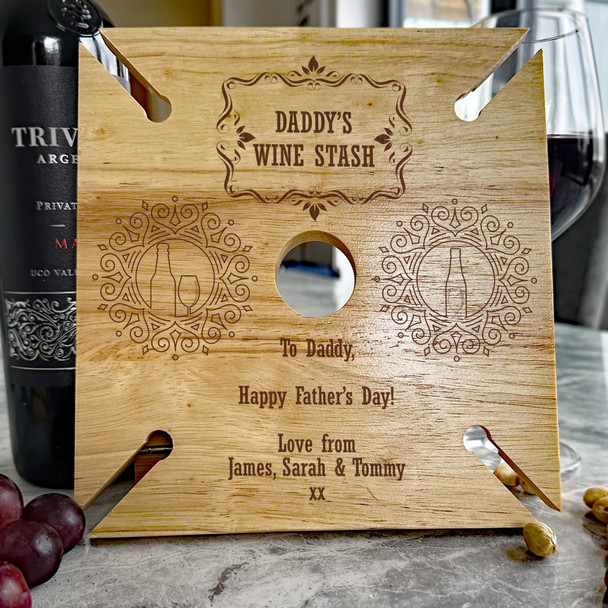 Wine Stash Daddy Father's Day Personalised Gift 4 Wine Glass & Bottle Holder