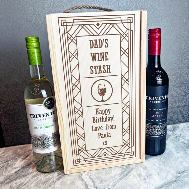 Fancy Border Wine Stash Dad Birthday Personalised Two Bottle Wine Gift Box