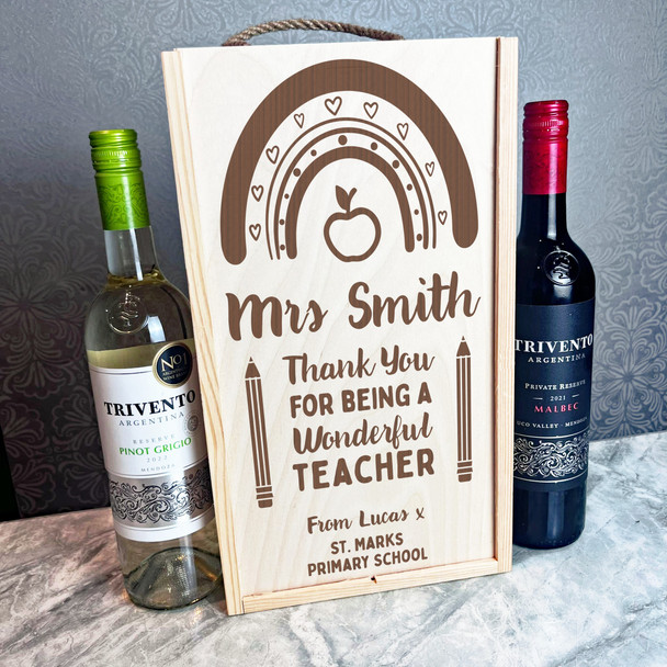 Thank You Wonderful Teacher Rainbow School Pencil Personalised 2 Bottle Wine Box