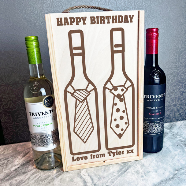 Wine Bottles Ties Birthday Personalised Two Bottle Wine Gift Box