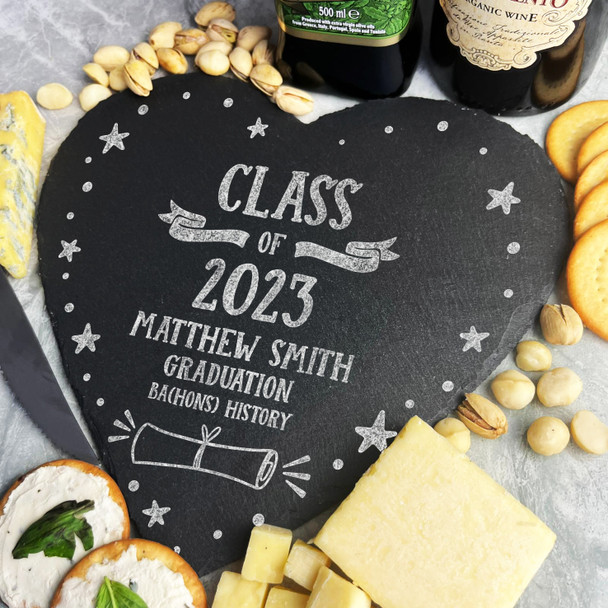 Graduation Class Of Year Star Scroll Personalised Heart Slate Cheese Board