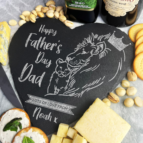 Lion Happy Father's Day Dad Personalised Heart Slate Cheese Board