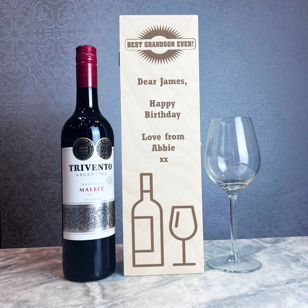 Best Ever Wine Glass Grandson Birthday Personalised 1 Wine Bottle Gift Box