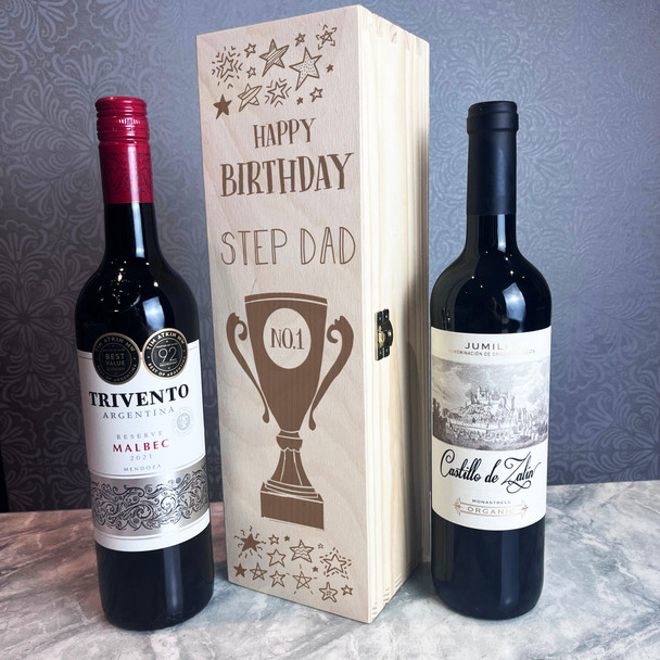 Happy Birthday Step Dad Trophy Personalised 1 Wine Bottle Gift Box