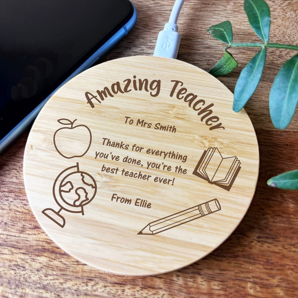 Apple Book Pencil Thanks Amazing Teacher Personalised Round Phone Charger Pad