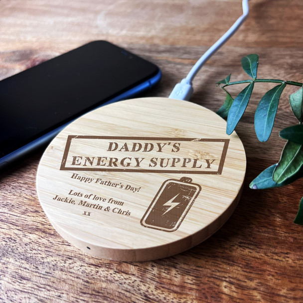 Energy Supply Battery Daddy Father's Day Personalised Round Phone Charger Pad