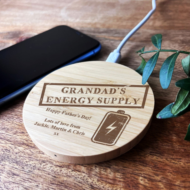 Energy Supply Battery Grandad Father's Day Personalised Round Phone Charger Pad