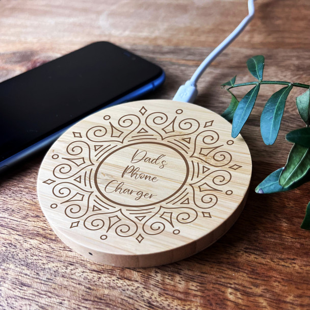 Fancy Circle Border Dad's Phone Charger Personalised Round Phone Charger Pad