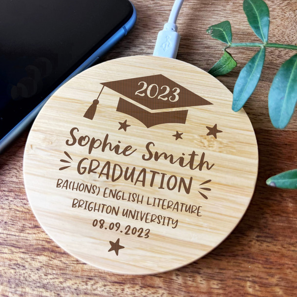 Graduation Hat Details Personalised Round Wireless Phone Charger Pad