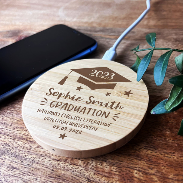 Graduation Hat Details Personalised Round Wireless Phone Charger Pad