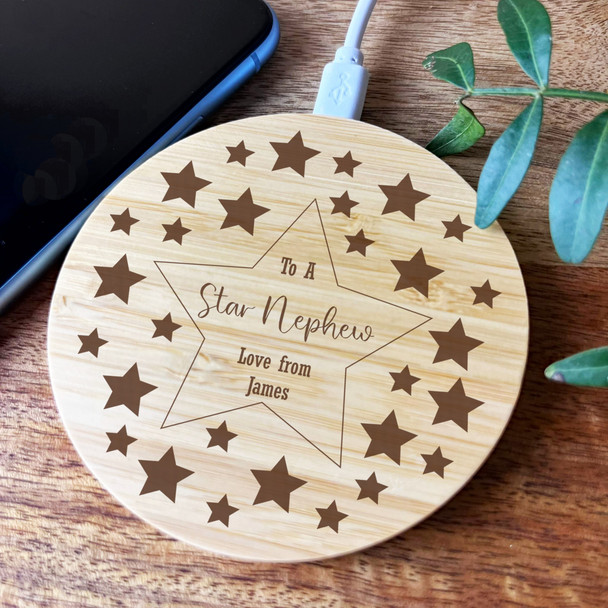 Stars Border To A Star Nephew Personalised Round Wireless Phone Charger Pad