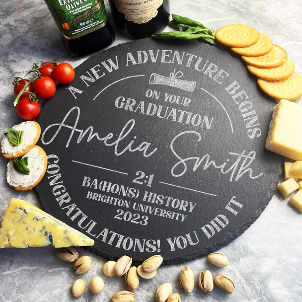 A New Adventure Graduation Day Personalised Round Slate Cheese Board