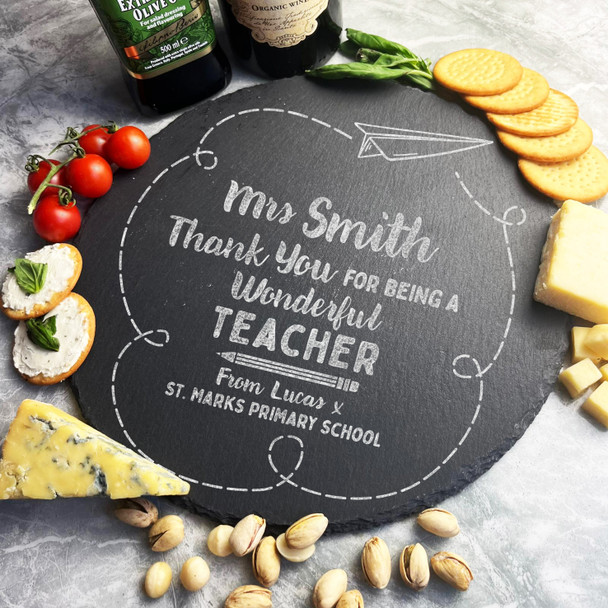 Thank You Teacher Paper Plane School Personalised Round Slate Cheese Board