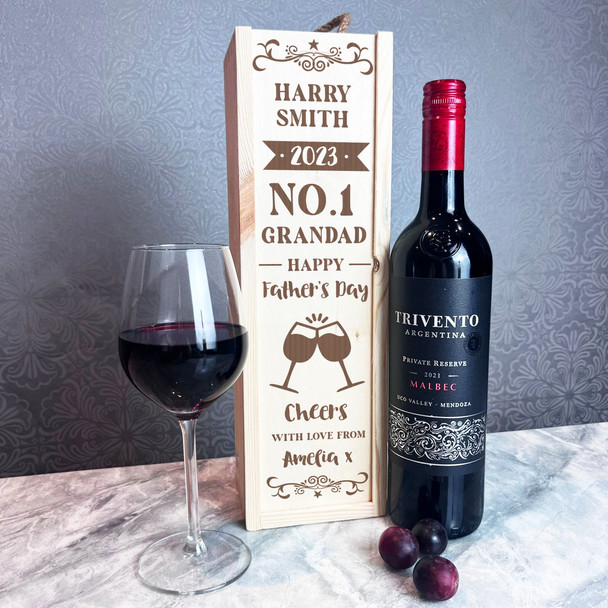 Grandad Father's Day No.1 Glasses Cheers 1 Bottle Personalised Wine Gift Box