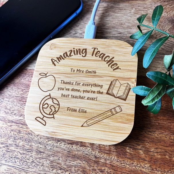 Apple Globe Book Pencil Thanks Amazing Teacher Personalised Phone Charger Pad