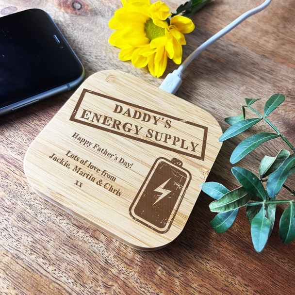 Energy Supply Battery Daddy Father's Day Personalised Square Phone Charger Pad