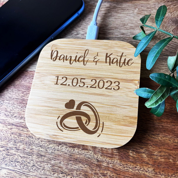 Wedding Day Rings Couple Names Anniversary Personalised Square Phone Charger Pad