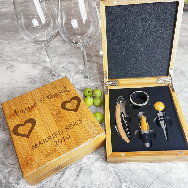 Two Hearts Wedding Anniversary Personalised Wine Bottle Tools Gift Box Set