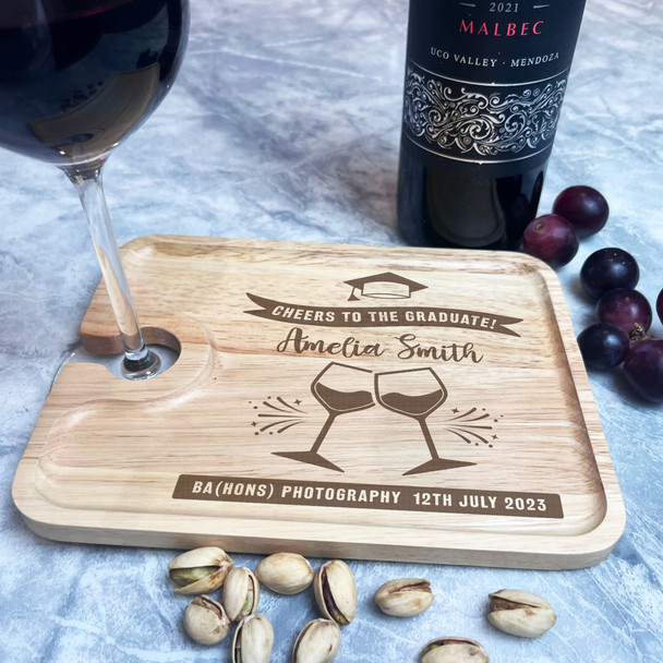 Cheers To The Graduate Graduation Uni Personalised Wine Glass & Nibbles Tray