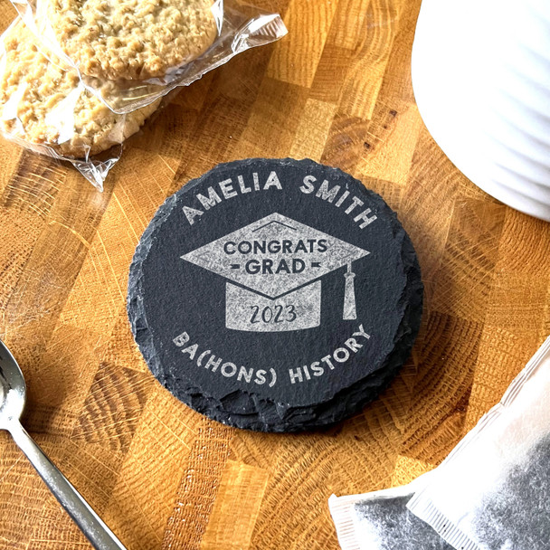 Congrats Grad Hat Graduation Graduate Personalised Round Slate Coaster