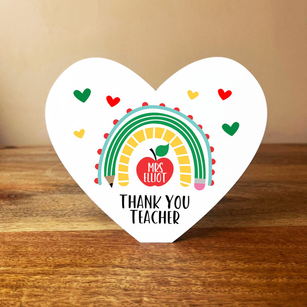 Thank You Teacher Apple School Rainbow White Heart Personalised Ornament Gift