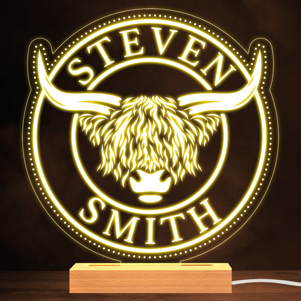 Highland Cow Round Warm White Lamp Personalised Gift Night Light