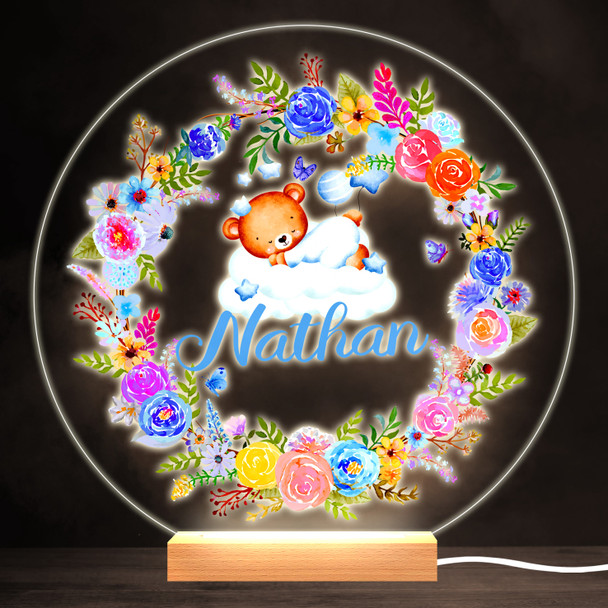 Floral Sleeping Blue Bear Colourful Round Personalised Gift LED Lamp Night Light
