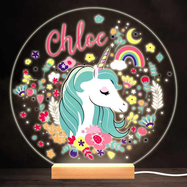 Floral Unicorn Head Colourful Round Personalised Gift LED Lamp Night Light